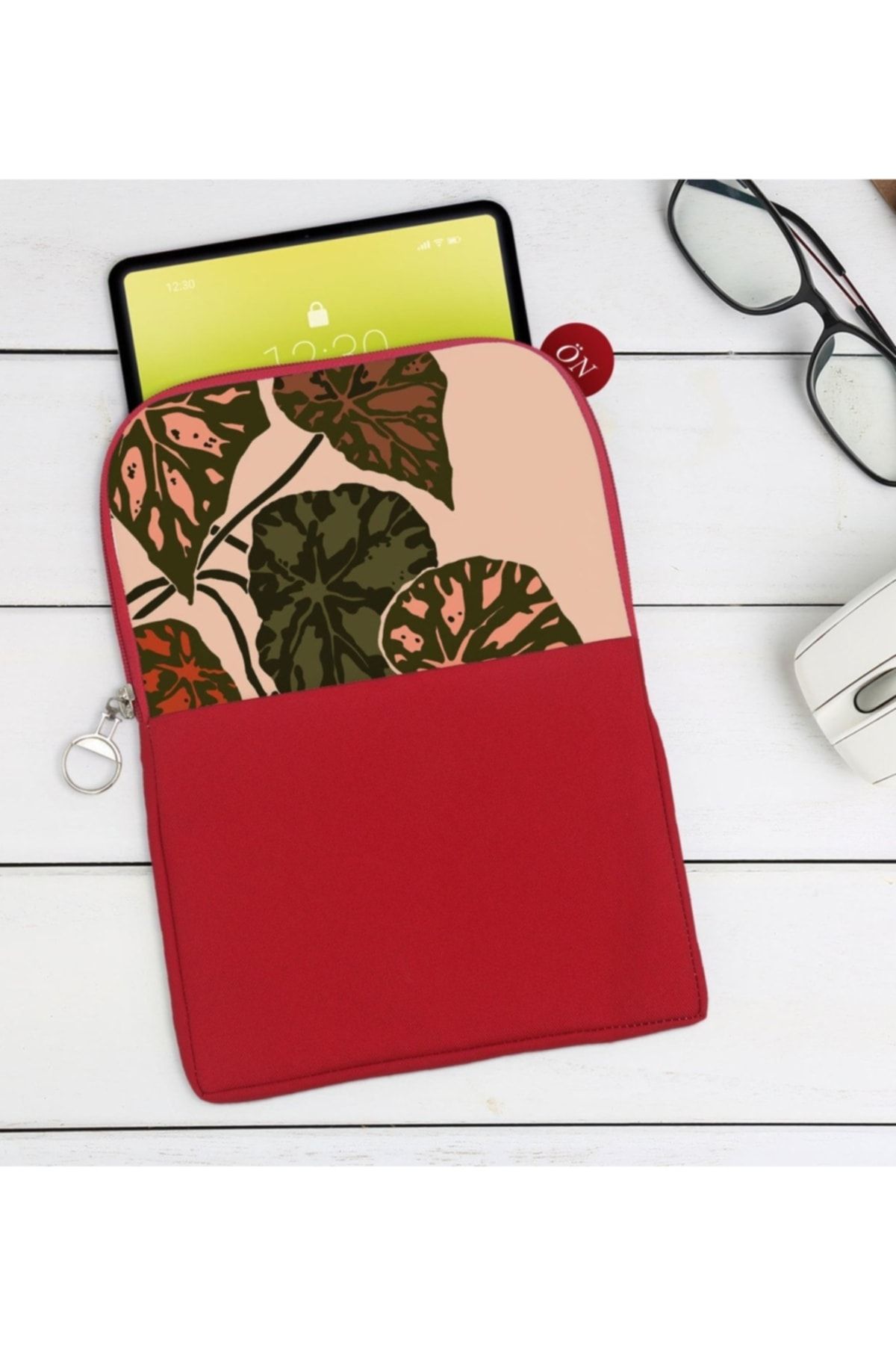 Bk Gift Gift Yapraklar Tasarımlı Taşınabilir Koruyucu Tablet Kılıfı & Organizer Çanta - Kırmızı-1