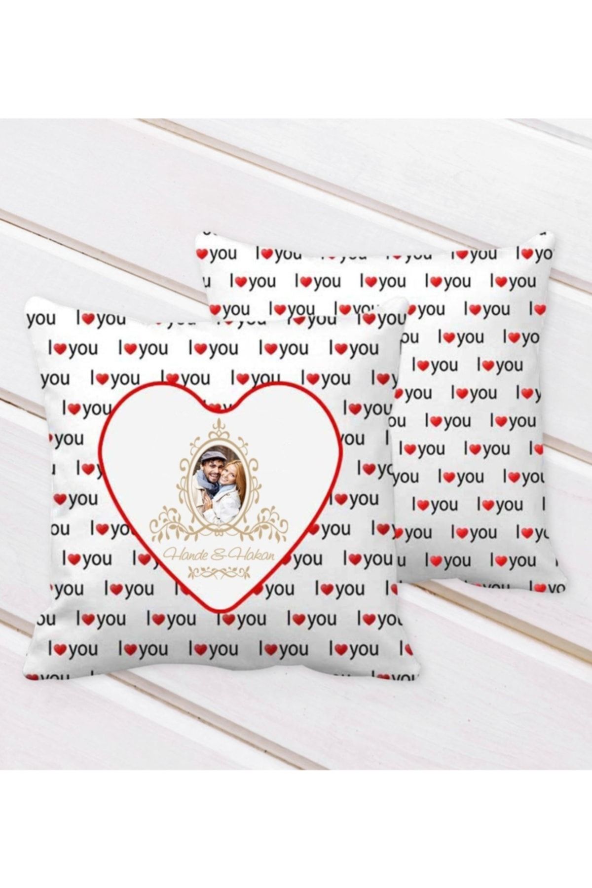 Bk Gift Kişiye Özel Isimli Fotoğraflı I Love You Kalp Desenli Dekoratif Kırlent Yastık-2