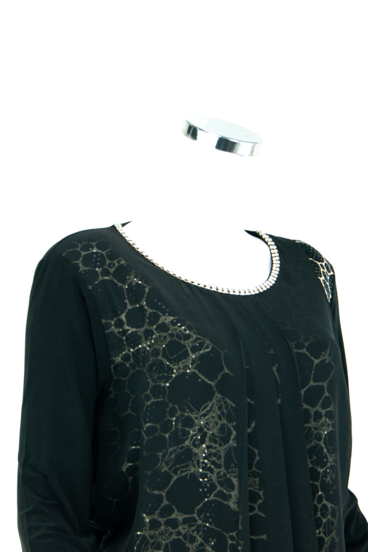 Oppland Kadın Siyah Anne Butik Bluz Zümrüt Peteği Desenli Pullu Rahat Kesim Likralı Sandy Kumaş