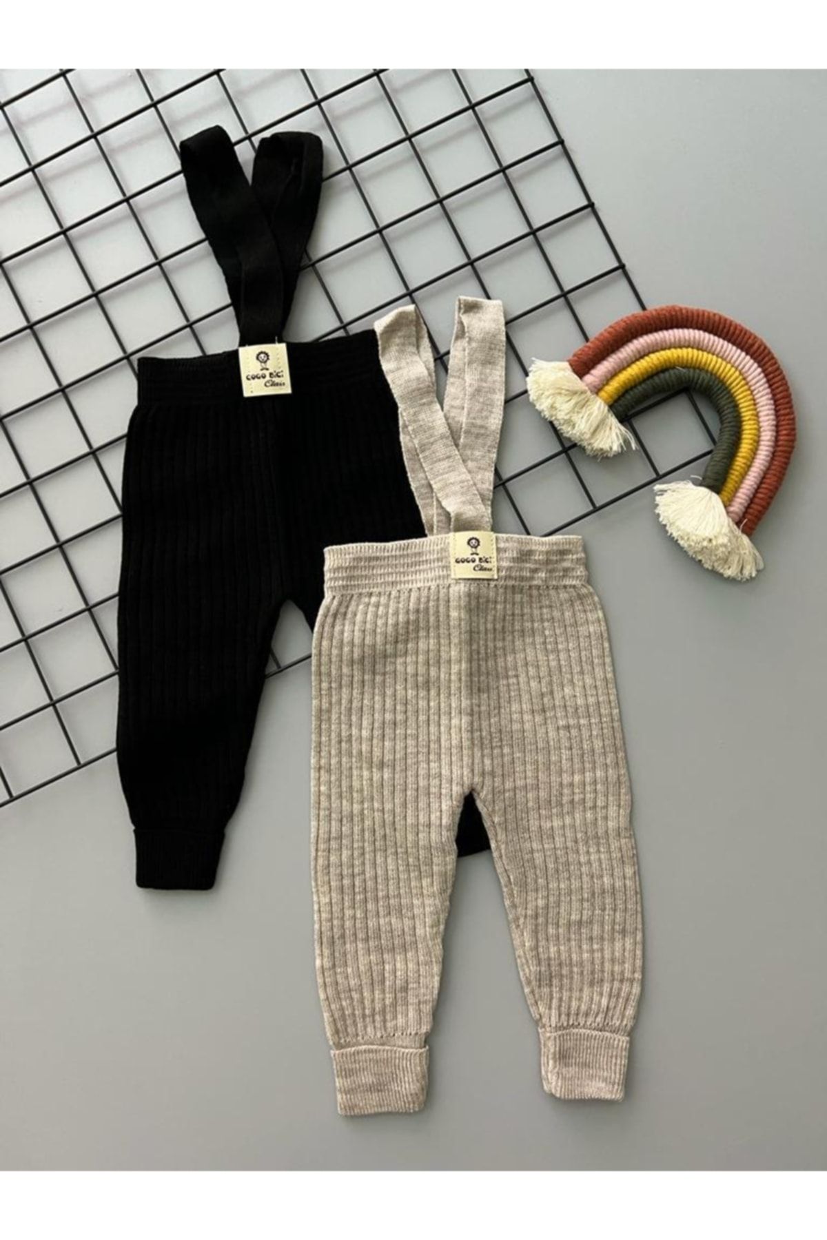 Sparrow Laurel Siyah/taş Ikili Set Yüksek Bel Önden Çapraz Askılı Fitilli Unisex Bebek Triko Tayt Pantolon
