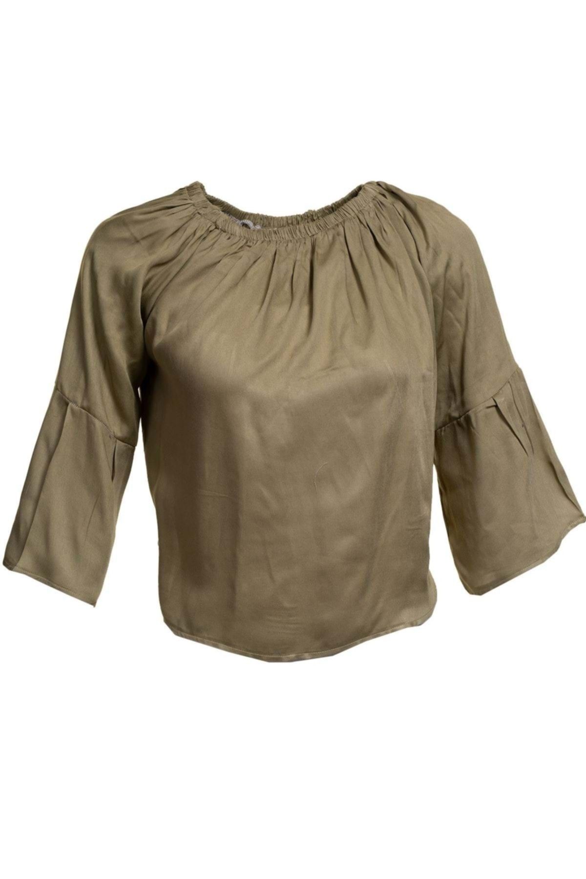 Exve Exclusive Haki Yeşili Basic Sade Kadın Omzu Açık Bluz