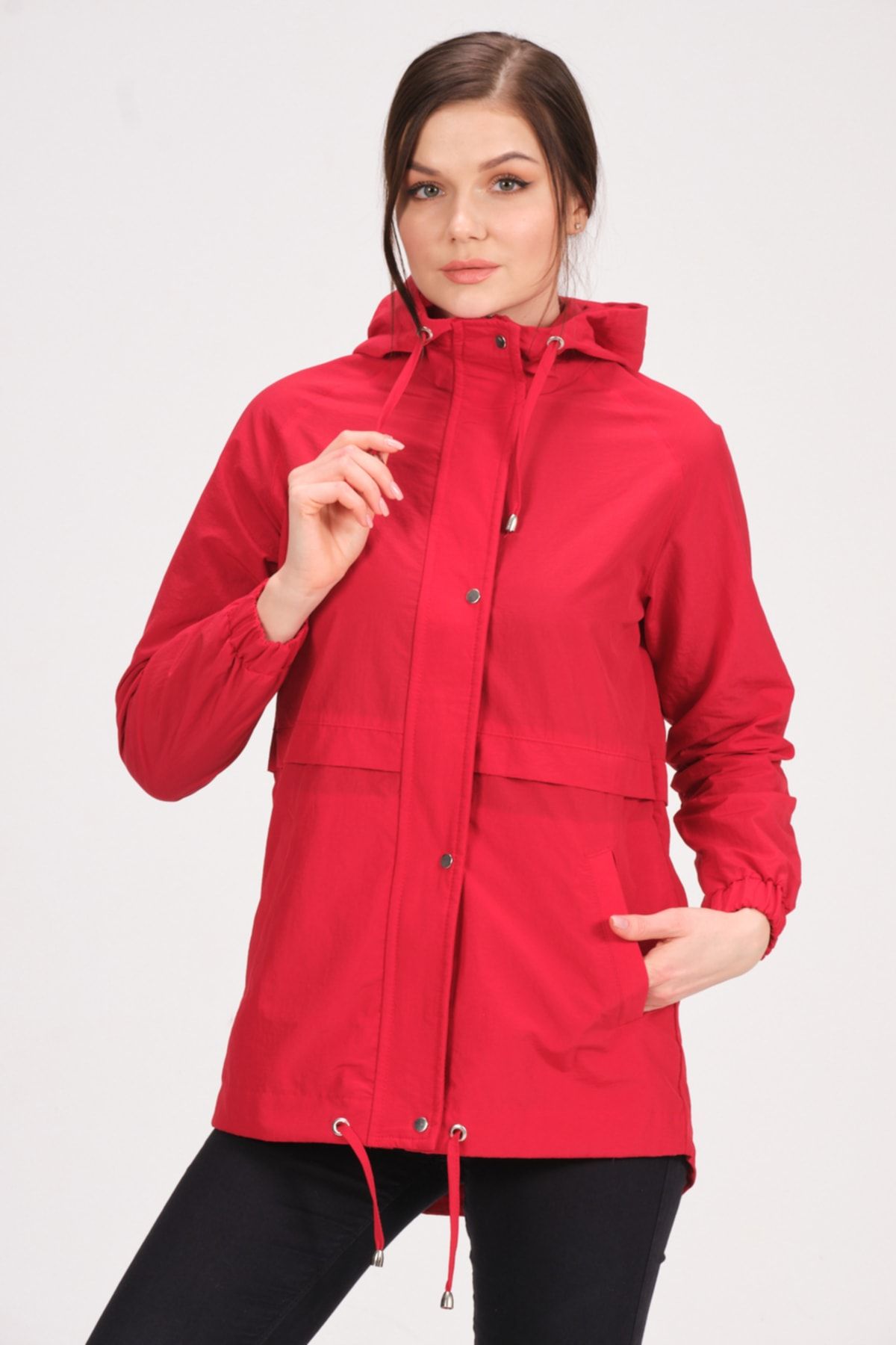 PIQUE Kadın Kırmızı Mont Kapüşonlu Astarsız Yağmurluk Gılmore Kadın Yağmurluk