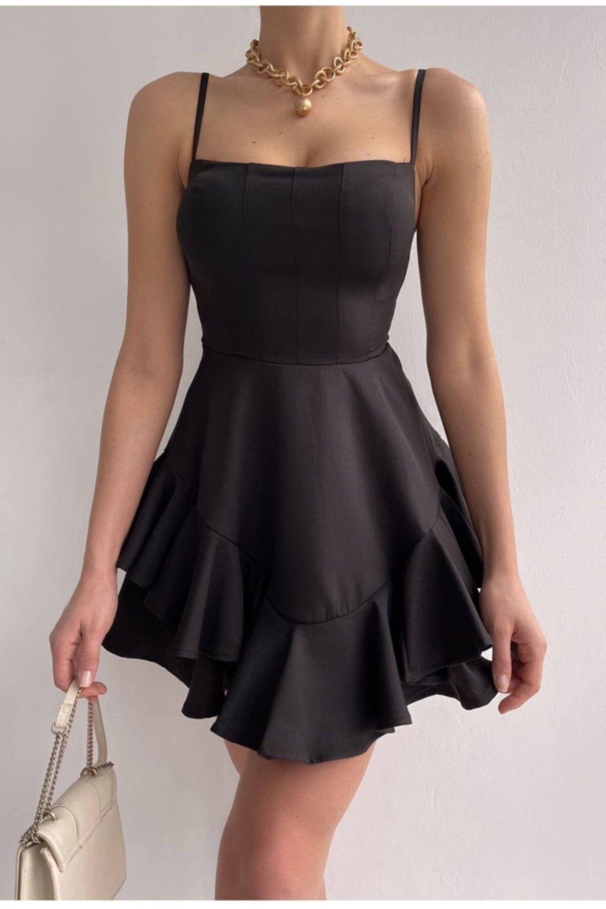 bayansepeti Ayarlanabilir Ince Askılı Eteği Kat Detay Siyah Elbise Siyah Nişan Elbisesi 102