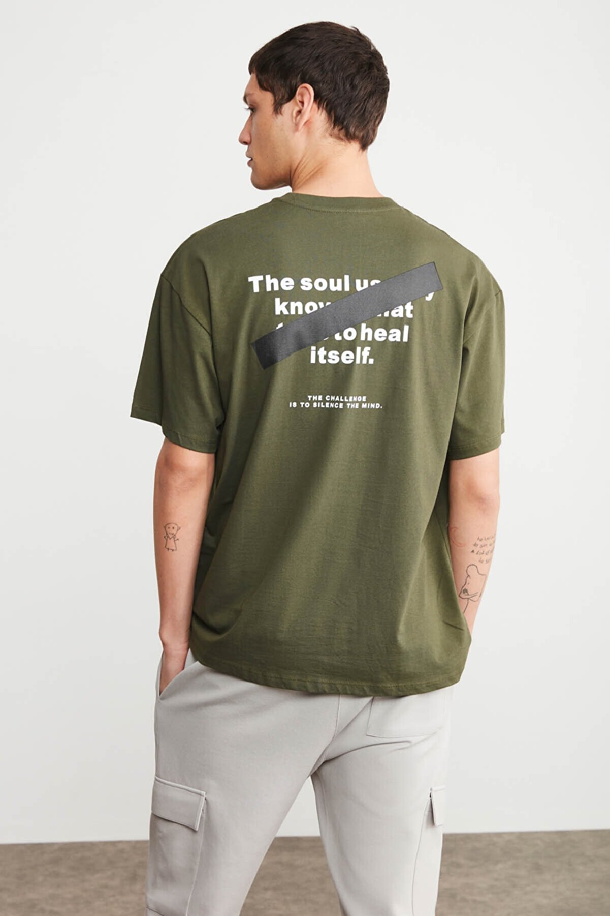 GRIMELANGE Mark Erkek Haki Baskılı Yuvarlak Yaka Oversize T-shirt