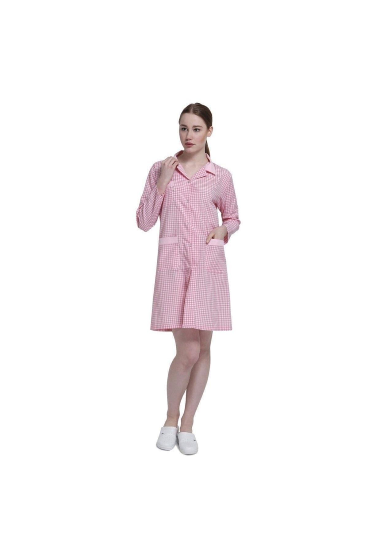 ONURTEKS İŞ ELBİSELERİ Onurteks Pembe Ekose Iş Önlüğü Piti Kareli Önlük Klasik Model Kadın
