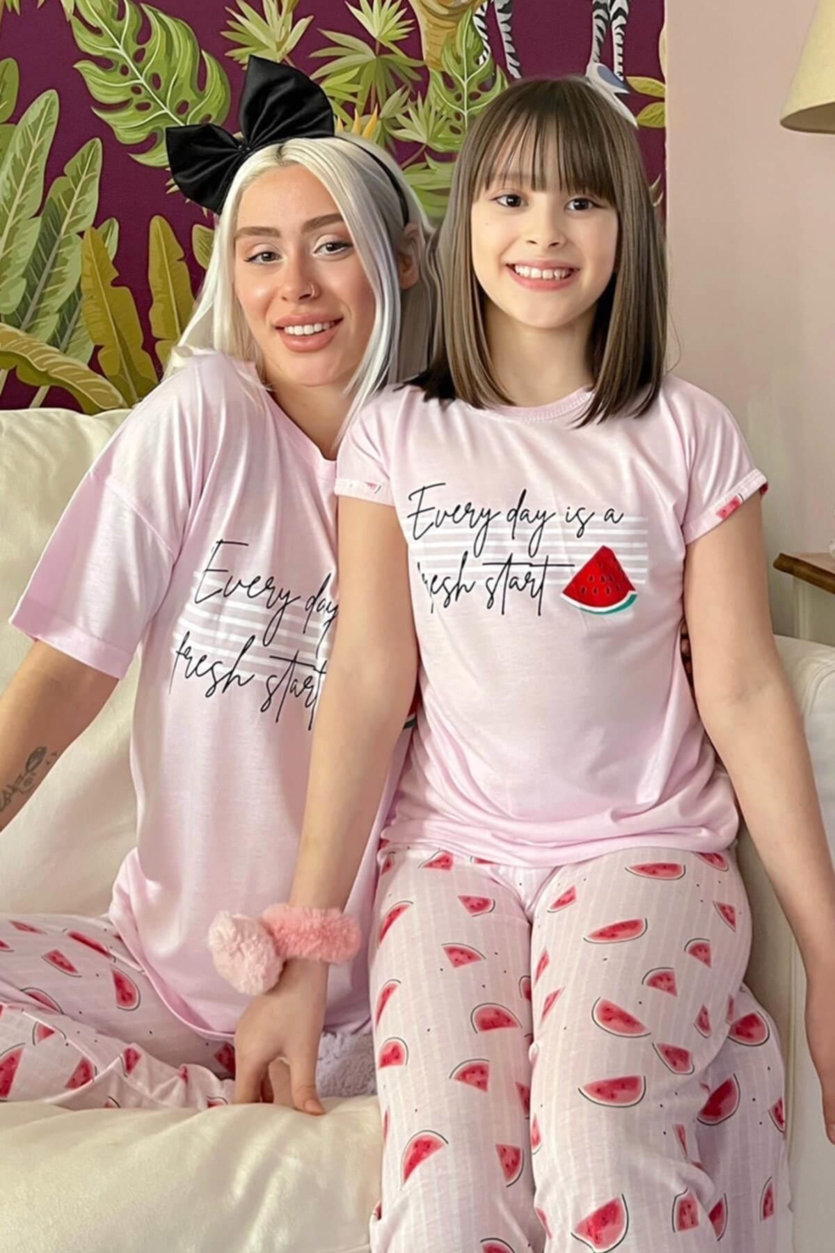 Pijamaevi Fresh Start Baskılı Kısa Kollu Anne Kız Kombin Pijama Takımı