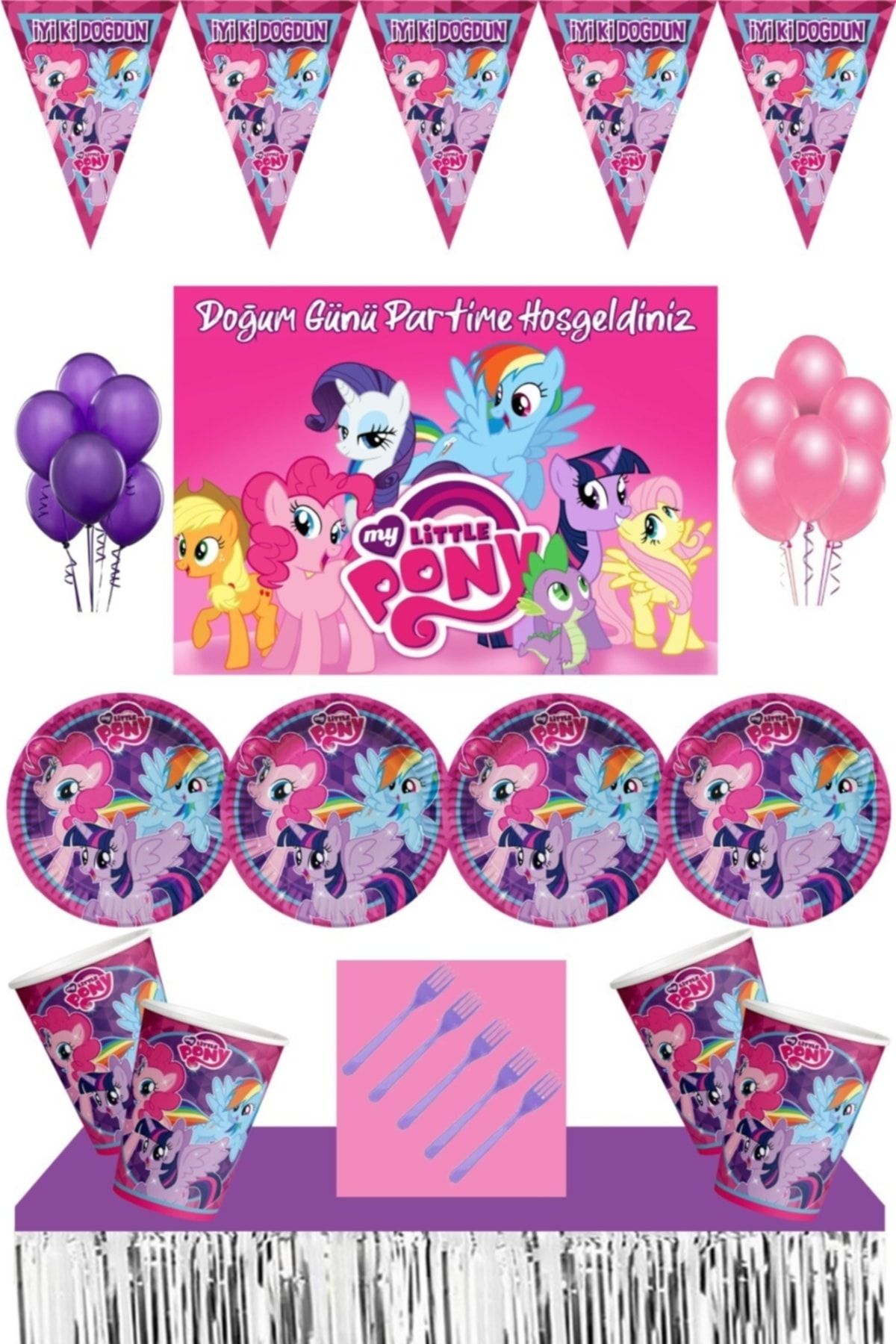 My Little Pony Doğum Günü 8 Kişilik Afişli Parti Malzemeleri Seti masa Etekli