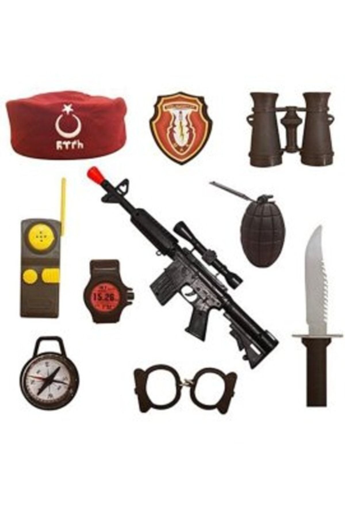 AVDA Büyük Boy Polis Seti Asker Seti Oyuncak Sesli Tüfek + Bordo Bere + Dürbün + Bomba + Kelepçe + Rozet