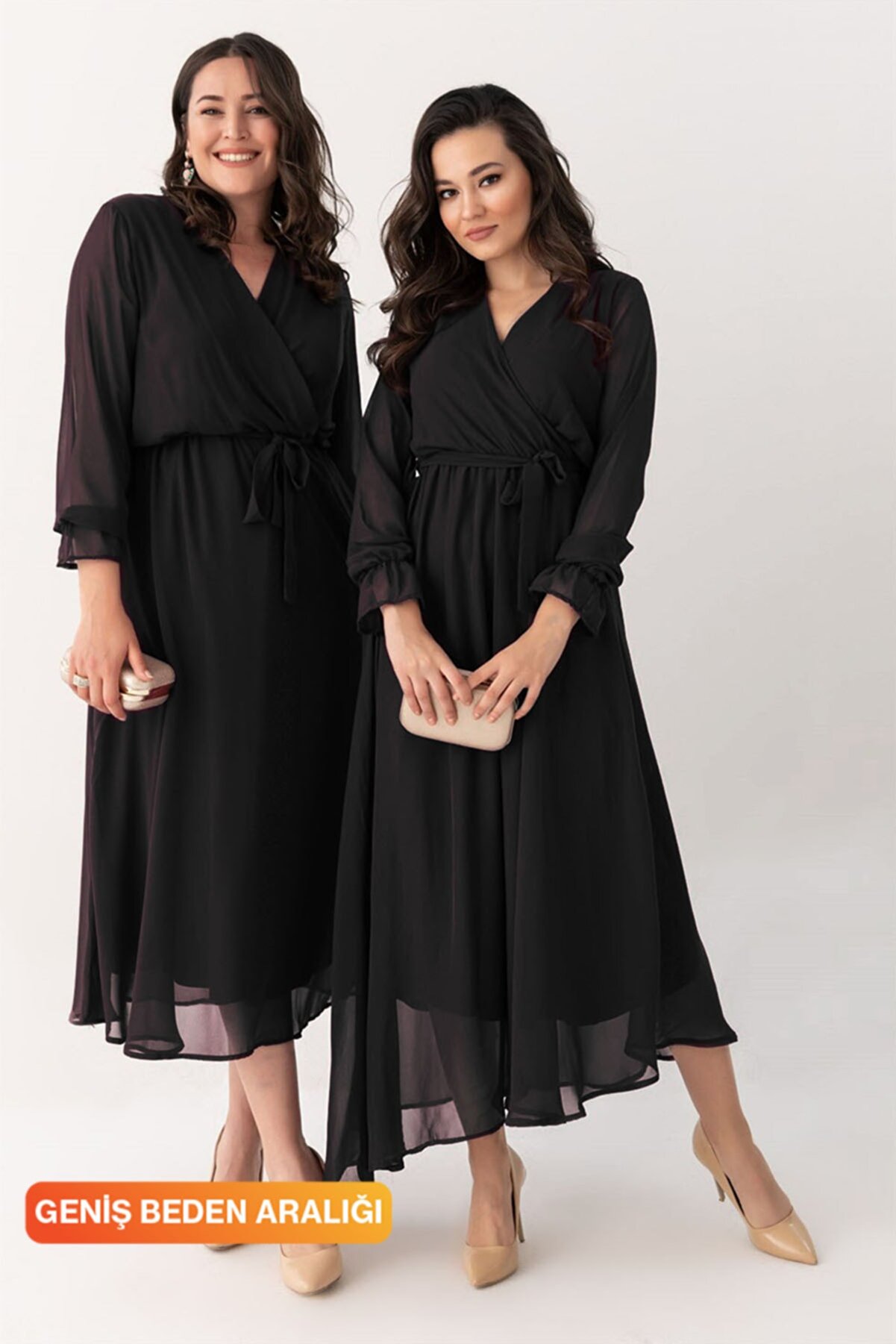Elbise Delisi Siyah Uzun Kruvaze Yaka Şifon Büyük Beden Elbise