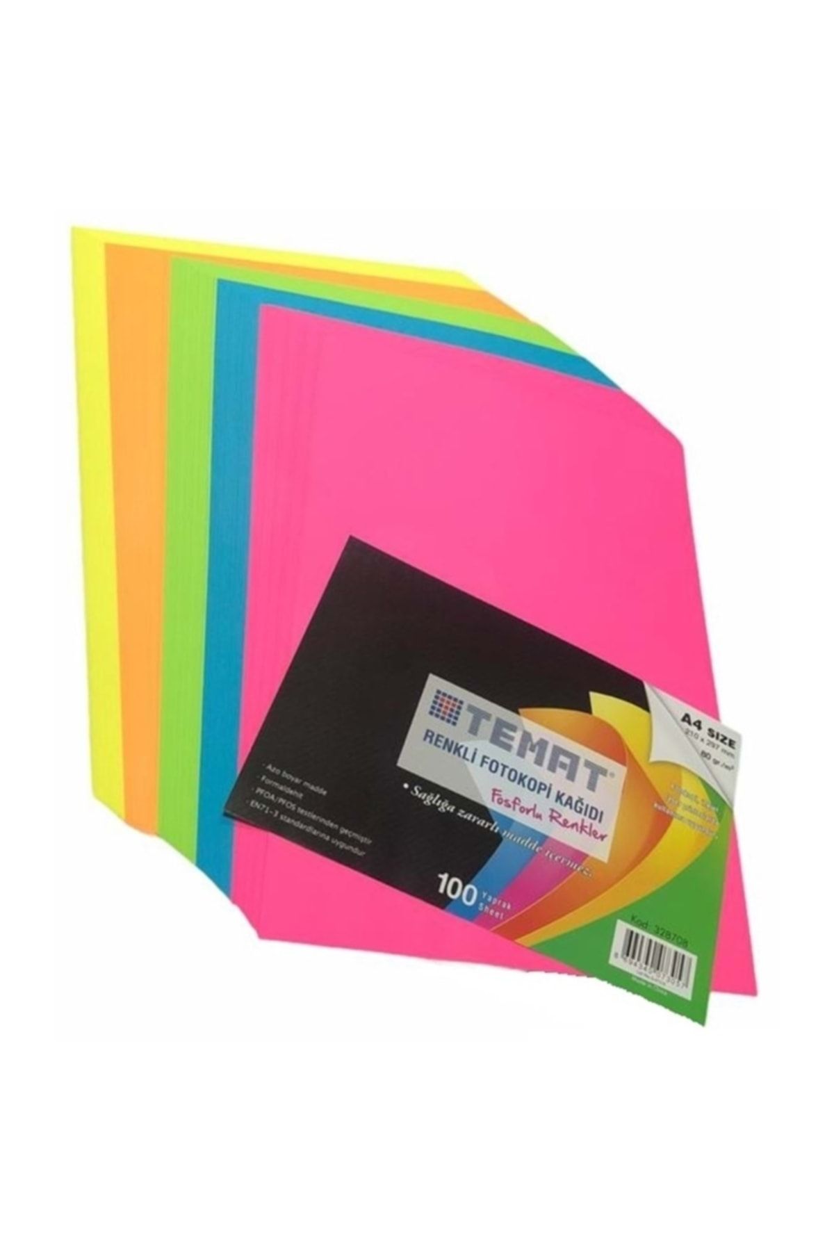 Temat 100 Lü 5 Renk A4 Fosforlu Renkli Fotokopi Kağıdı