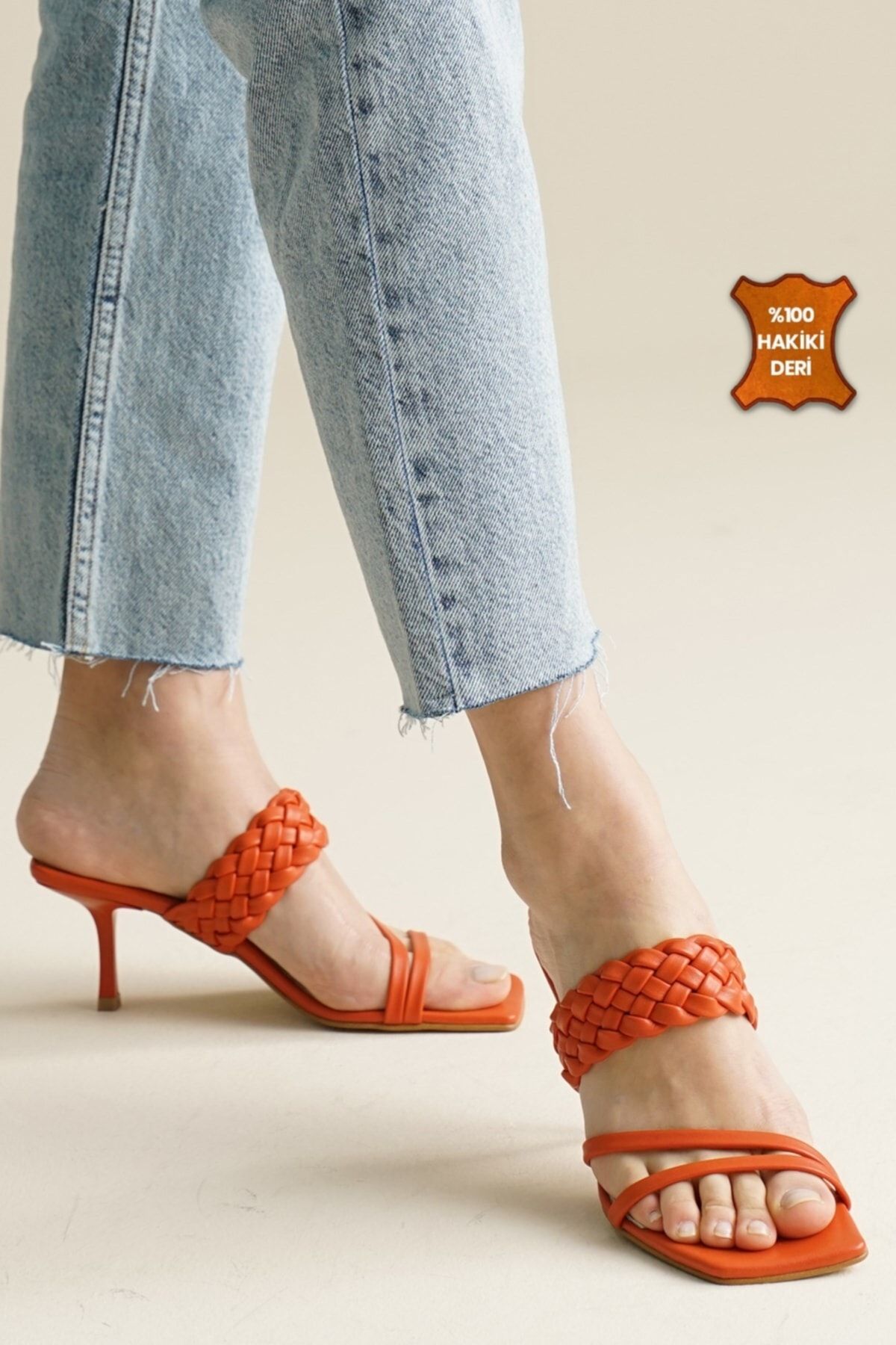 Mio Gusto Petra Hakiki Deri Turuncu Renk Kadın Terlik Topuklu Ayakkabı