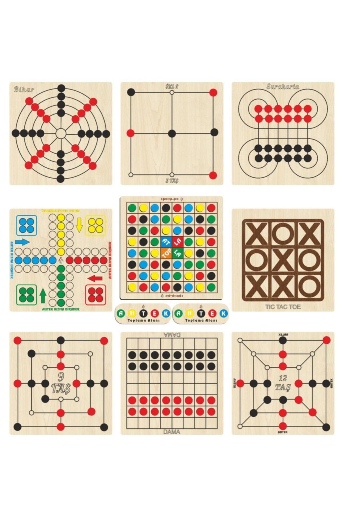 Ahtek Ahşap Oyun Seti 9 Lu, Atla Topla+kızma Birader+dama+3 Taş+9 Taş+12 Taş+bihar+surakarta+tic-tac-toe