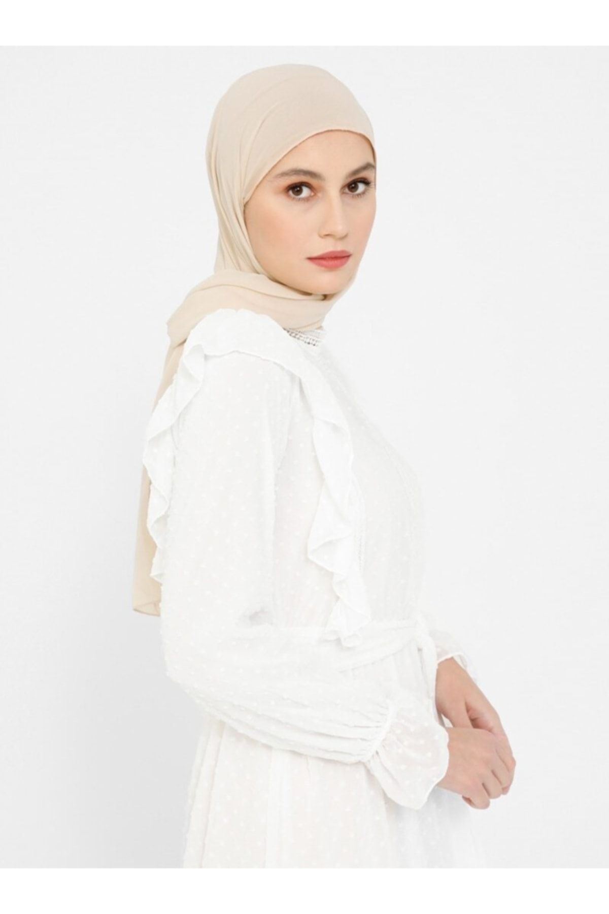 Refka Güpür Ve Volan Detaylı Kuşaklı Elbise - Off White - Woman