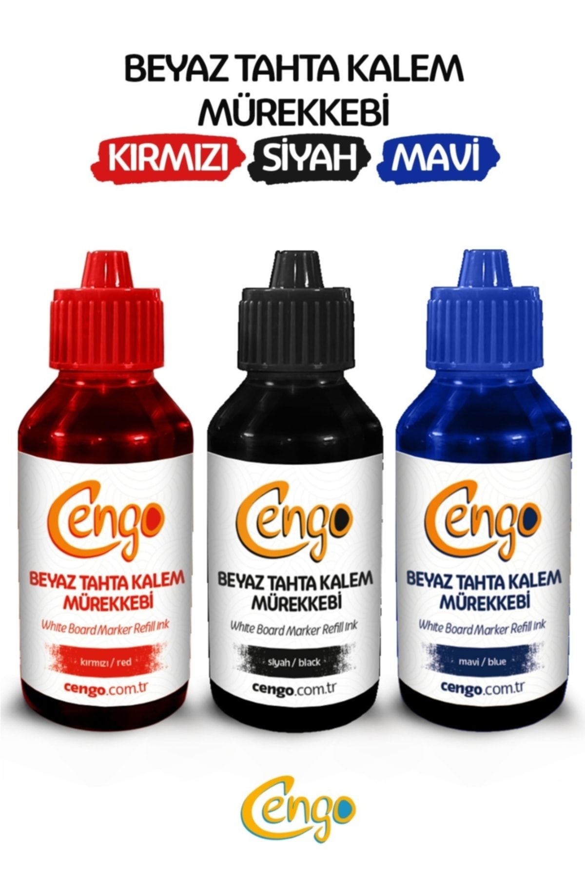 Cengo 3 Renk- Beyaz Tahta Kalemi Mürekkebi 100 ml Siyah-mavi-kırmızı