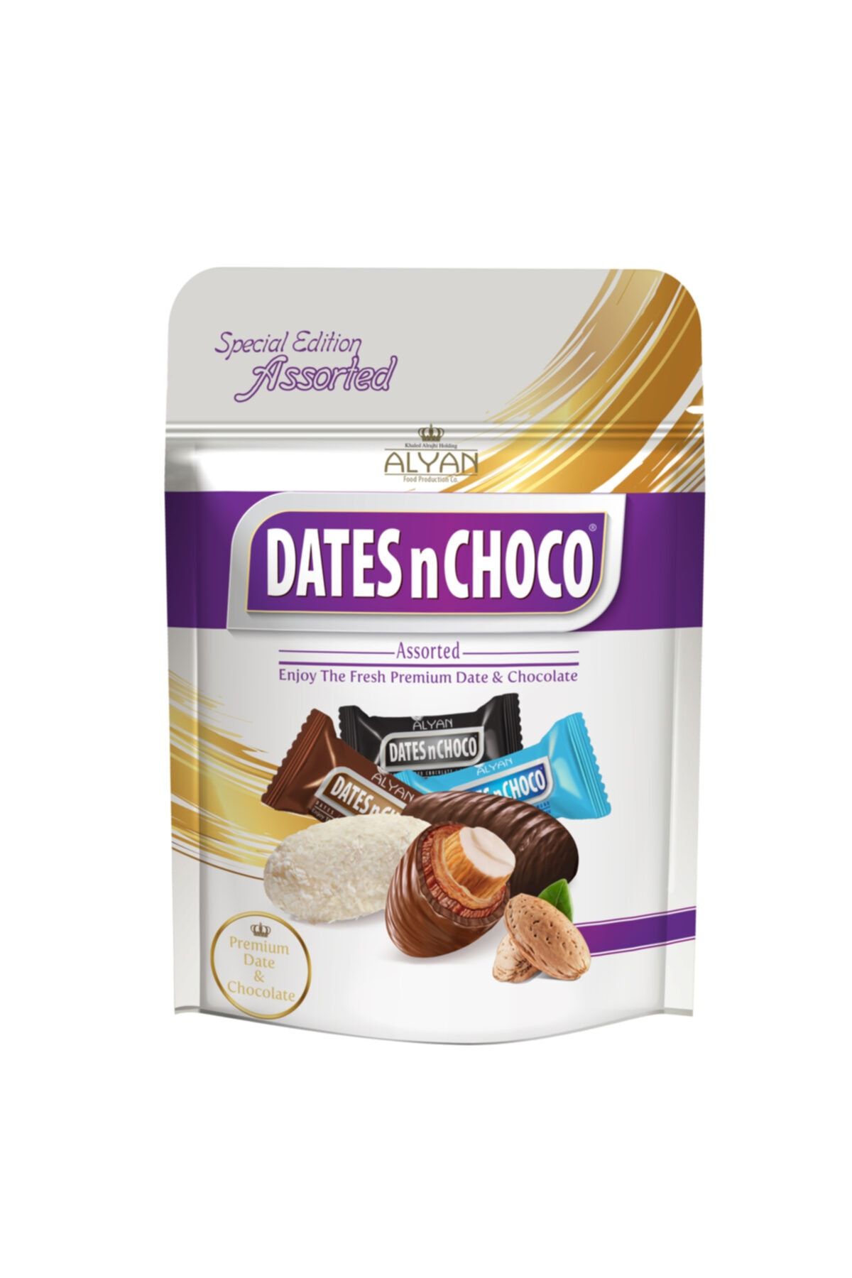 DATESnCHOCO Dates N Choco Mix Paket Sütlü Bitter Beyaz Çikolata Kaplı Bademli Hurma 90 G