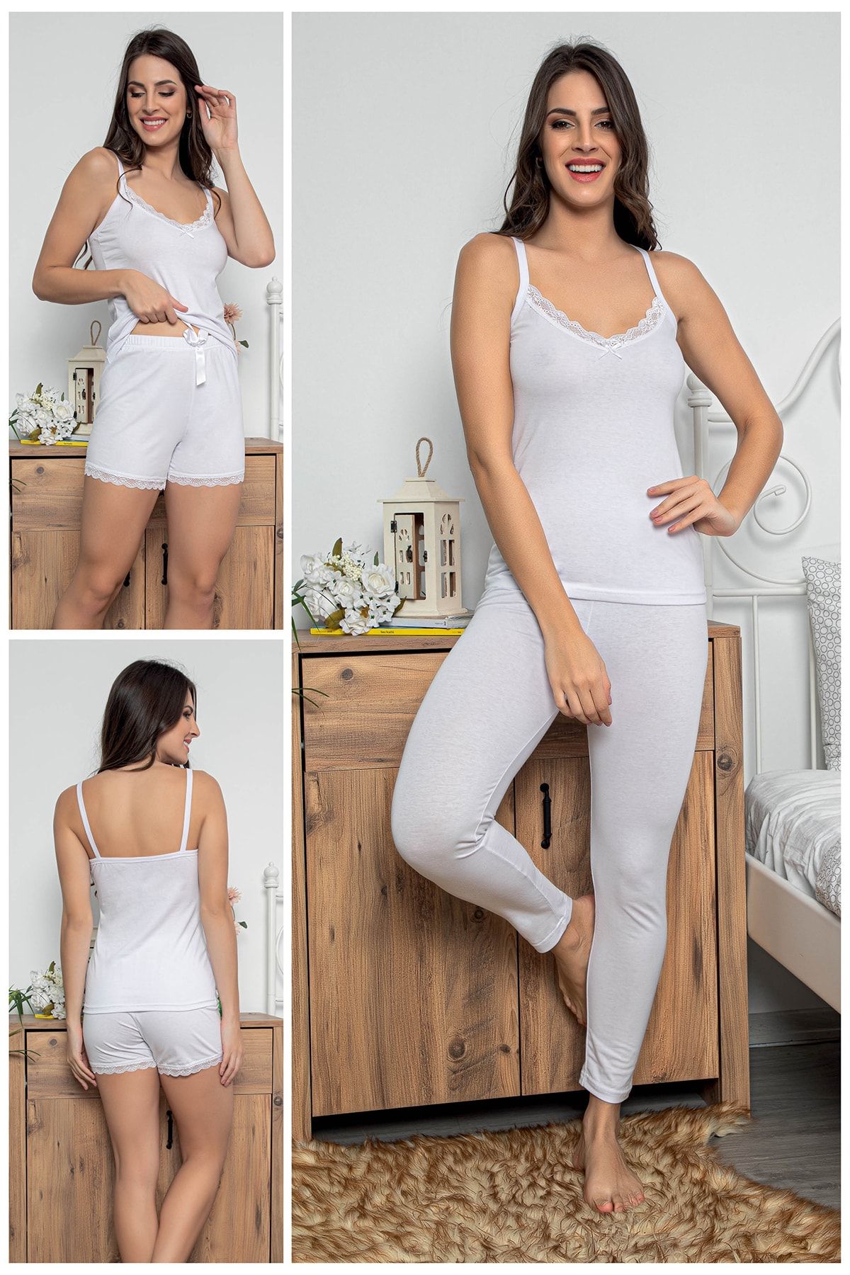 MyBen Kadın Beyaz Renkli Dantel Detaylı Şortlu Ve Taytlı Pijama Takımı 3'lü Set 75020