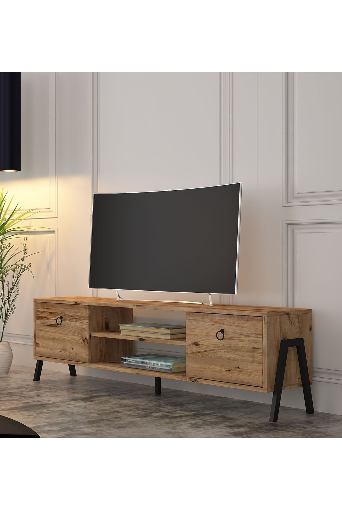 Cool Home Loft Tv Ünitesi 150 Cm Metal Ayaklı Atlantik Çam Raflı Modern Tv Sehpası