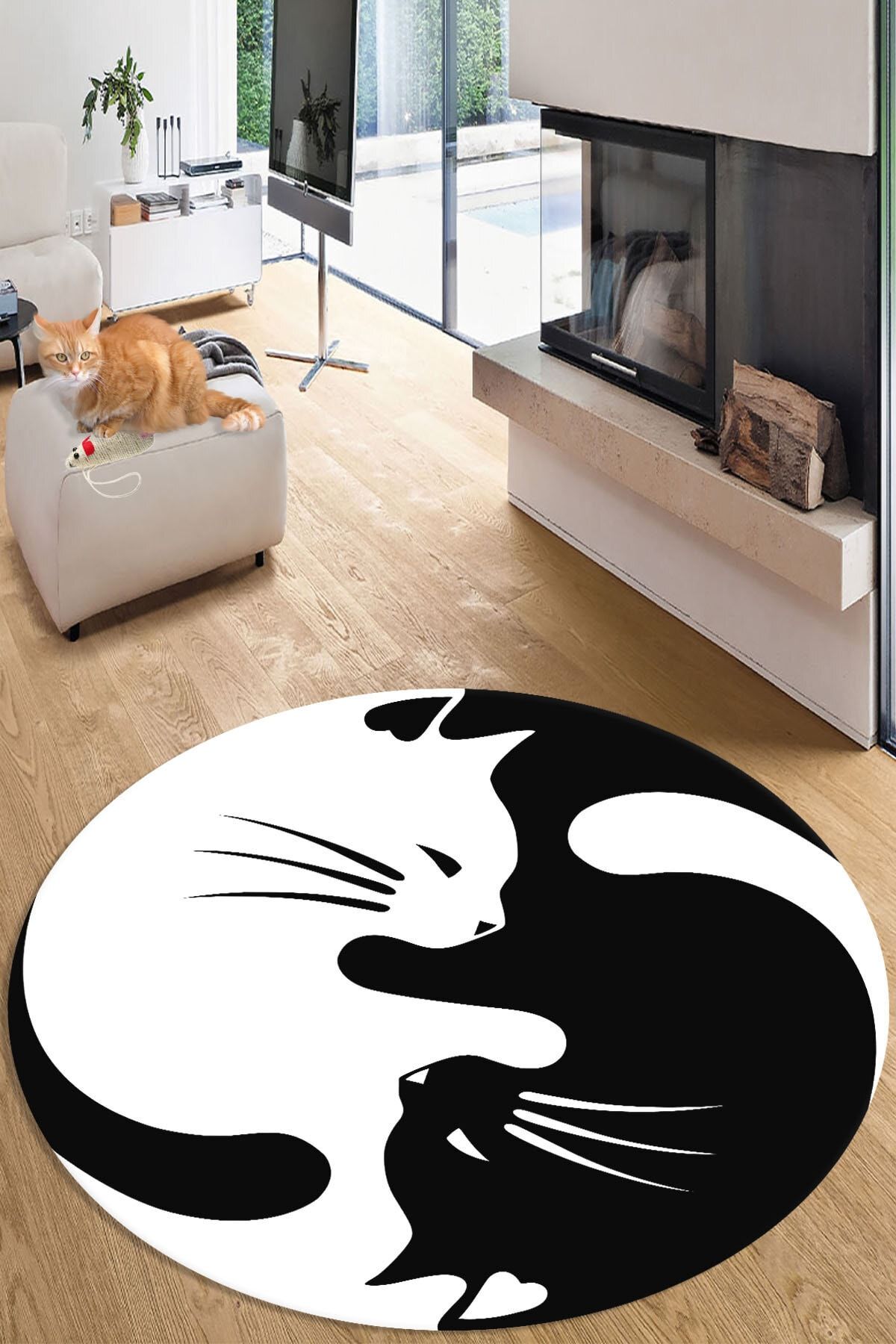 RISSE Dijital Baskılı Kaymaz Taban Yıkanabilir Kedi Desenli Siyah Beyaz Yuvarlak Salon Halısı