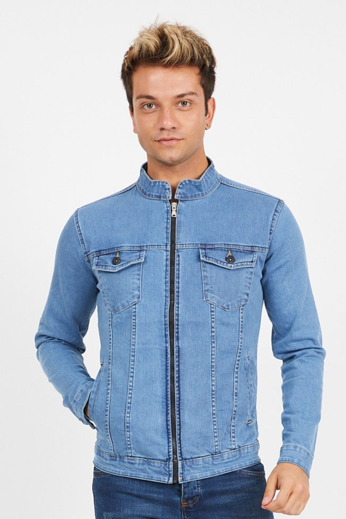 Serseri Jeans Erkek Açık Mavi Fermuarlı Slim Fit Kot Ceket