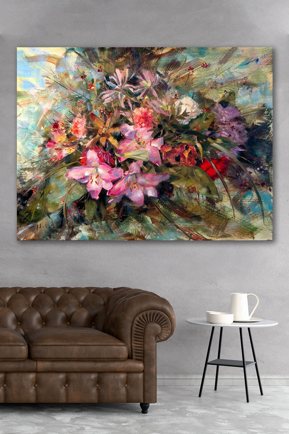 Hediyeler Kapında Yağlı Boya Görünümlü Çiçek Buketi Kanvas Tablo 90x130