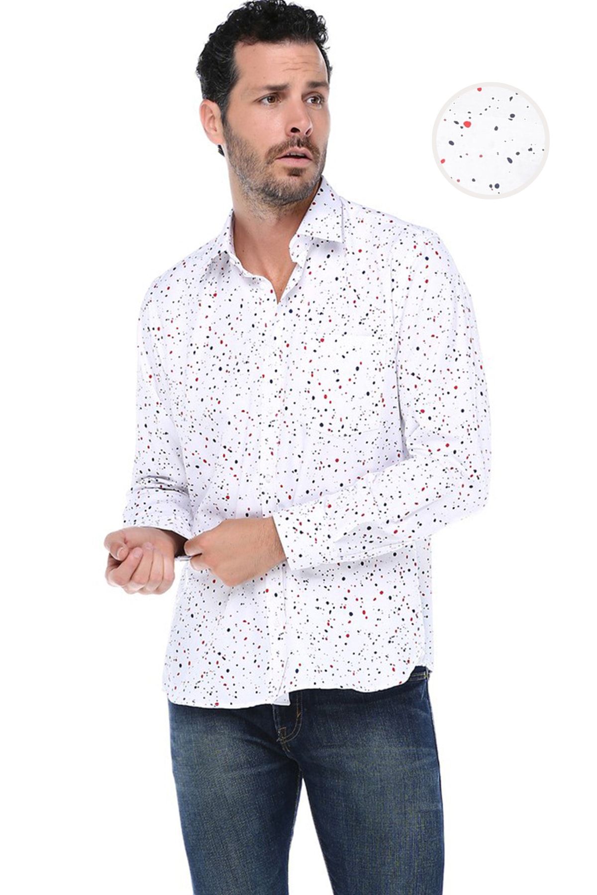 Varetta Erkek Beyaz Baskılı Cepli Klasik Kesim Uzun Kollu Gömlek