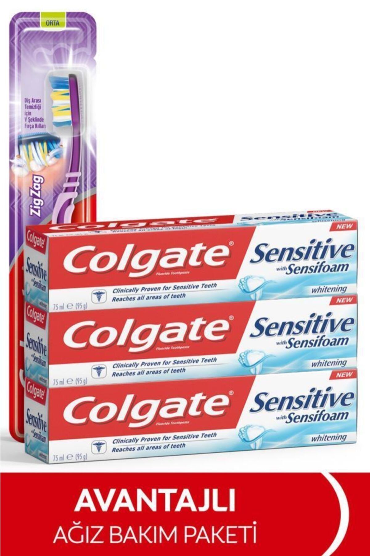 Colgate Sensitive Sensifoam Beyazlatıcı Diş Macunu 75 ml x3 + Zigzag Orta Diş Fırçası