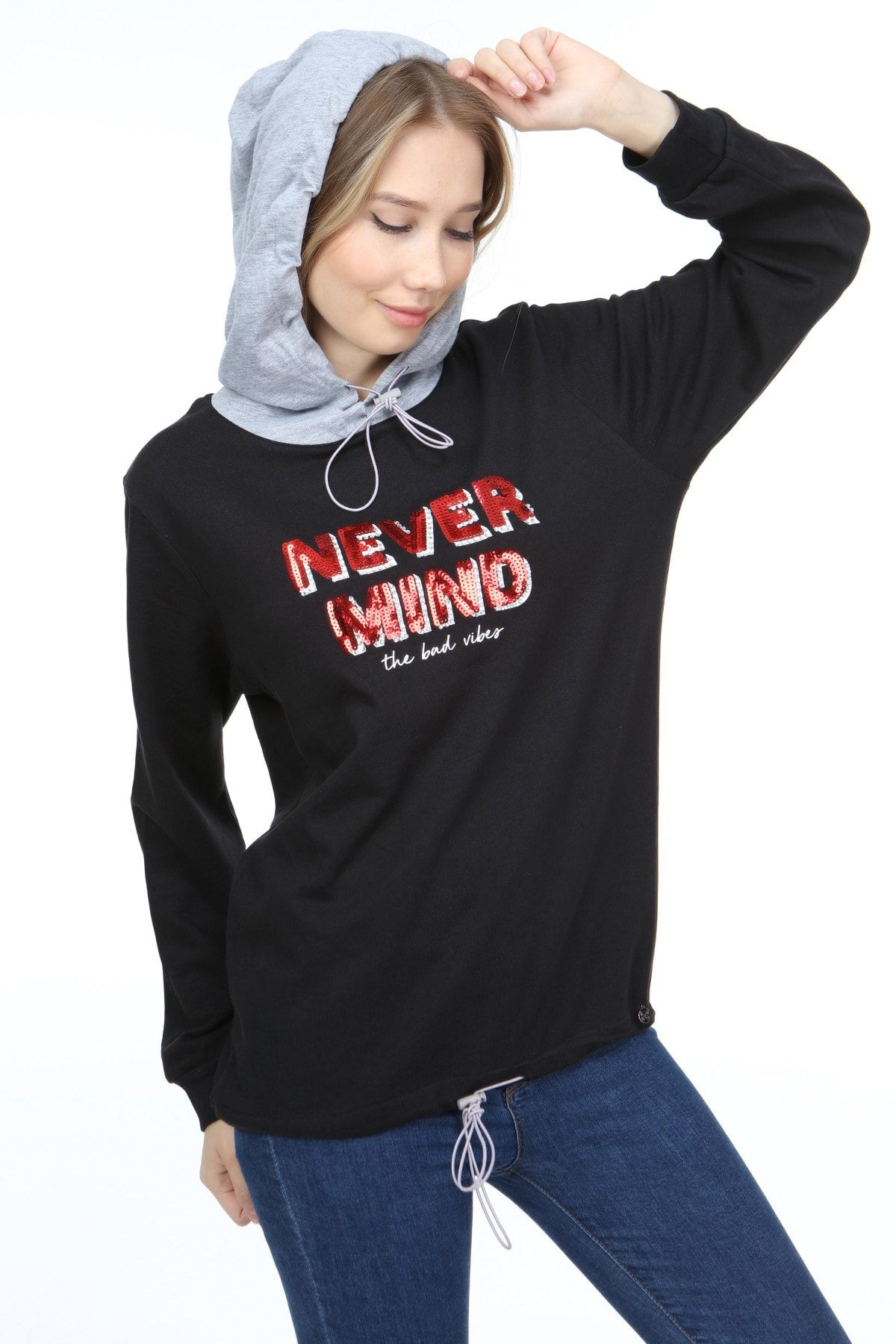 PARPALİ Kadın Siyah Gri Kapüşonlu Nakışlı Pullu Baskılı Pamuklu Never Mind Hoodie Sweatshirt