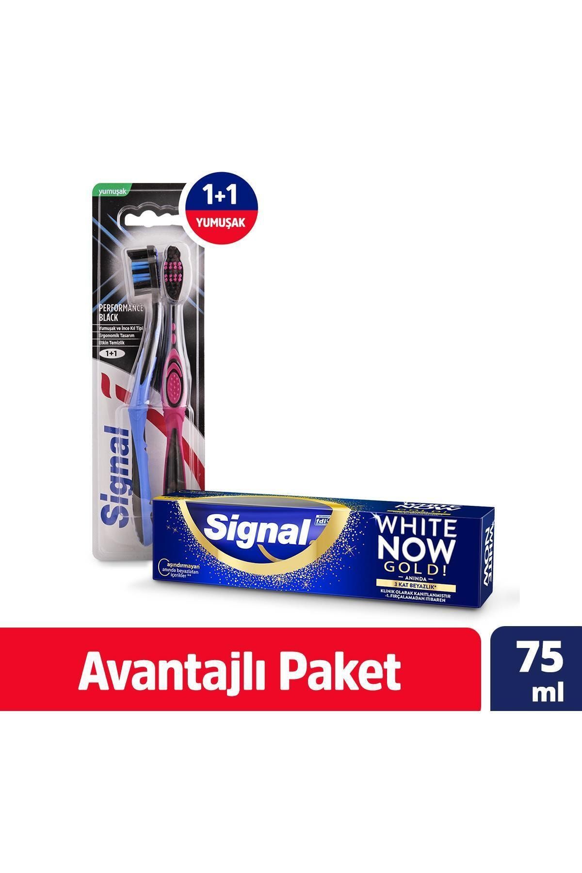 Signal Performance Black 1+1 Yumuşak Diş Fırçası + White Now Gold Anında Beyazlık Diş Macunu 75 ml