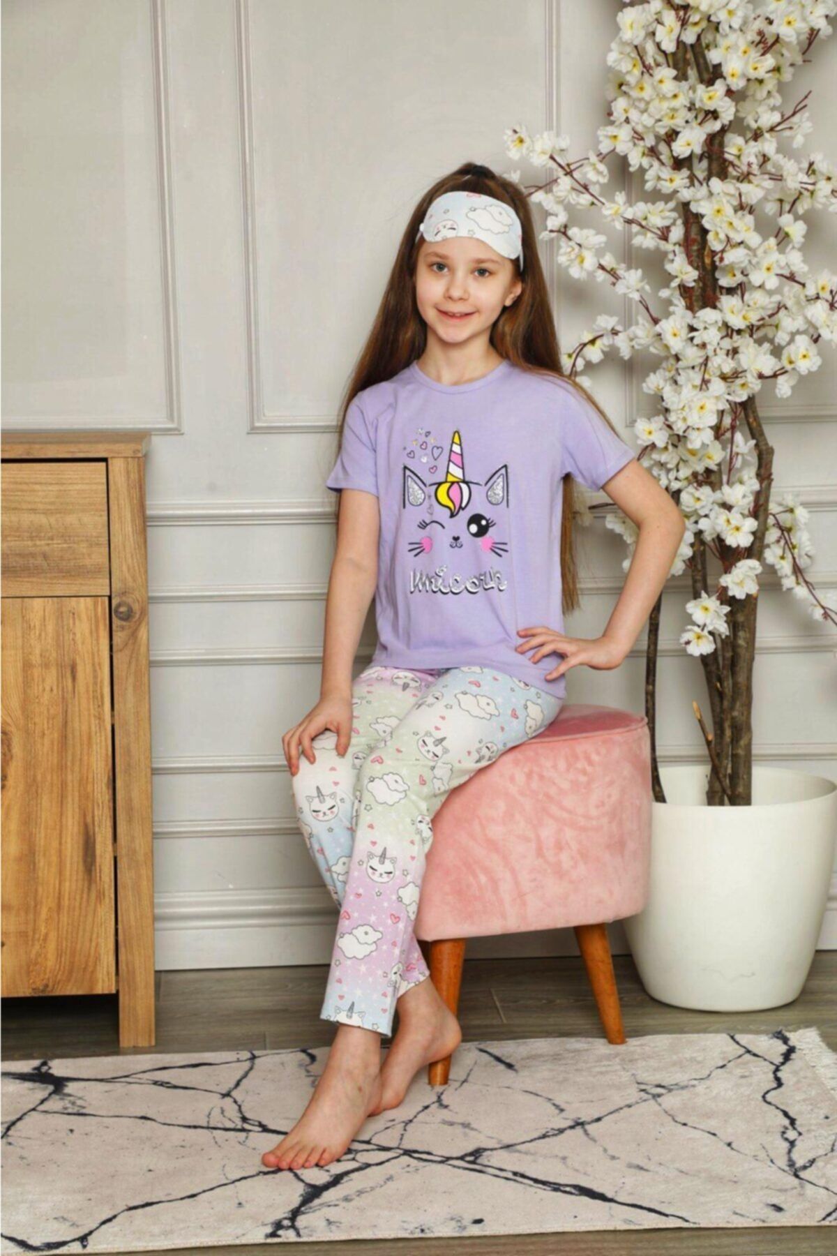 Lolliboomkids Kız Çocuk Lila Unicorn Baskılı Pijama Takımı Göz Bandı Dahildir Yeni Sezon Kısa Kol