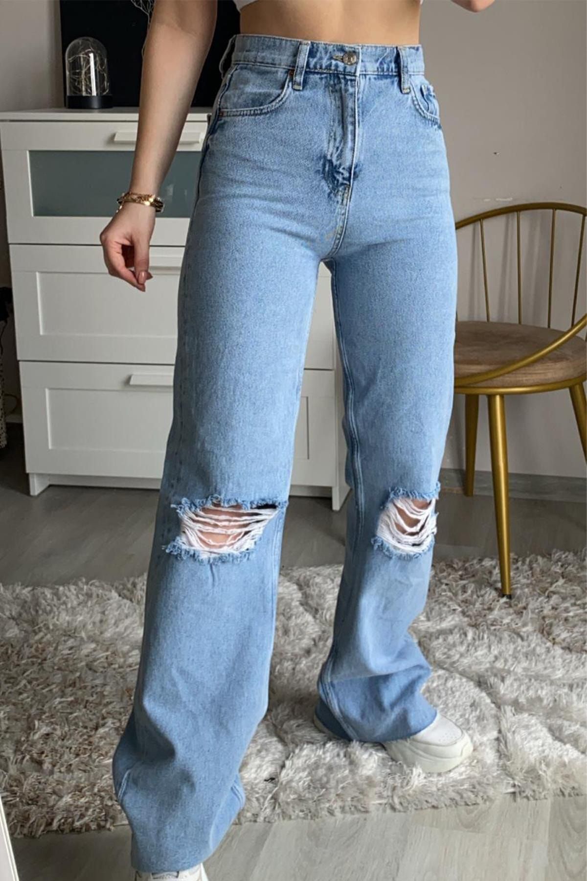 Narferita Kadın Buz Mavisi Berlin Yüksek Bel Diz Detay Jeans