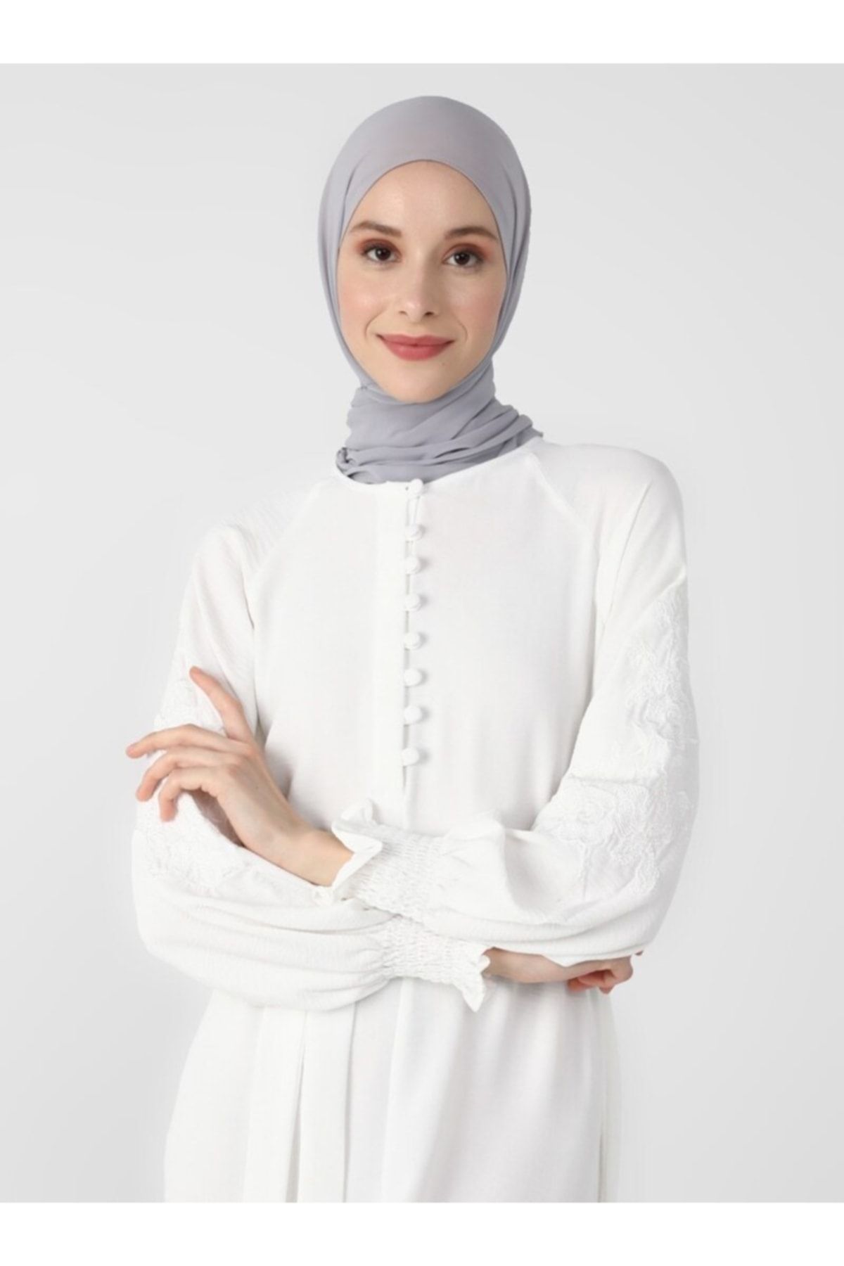 Refka Yakası Brit Kolları Nakış Ve Gipe Detaylı Elbise - Off White - Woman