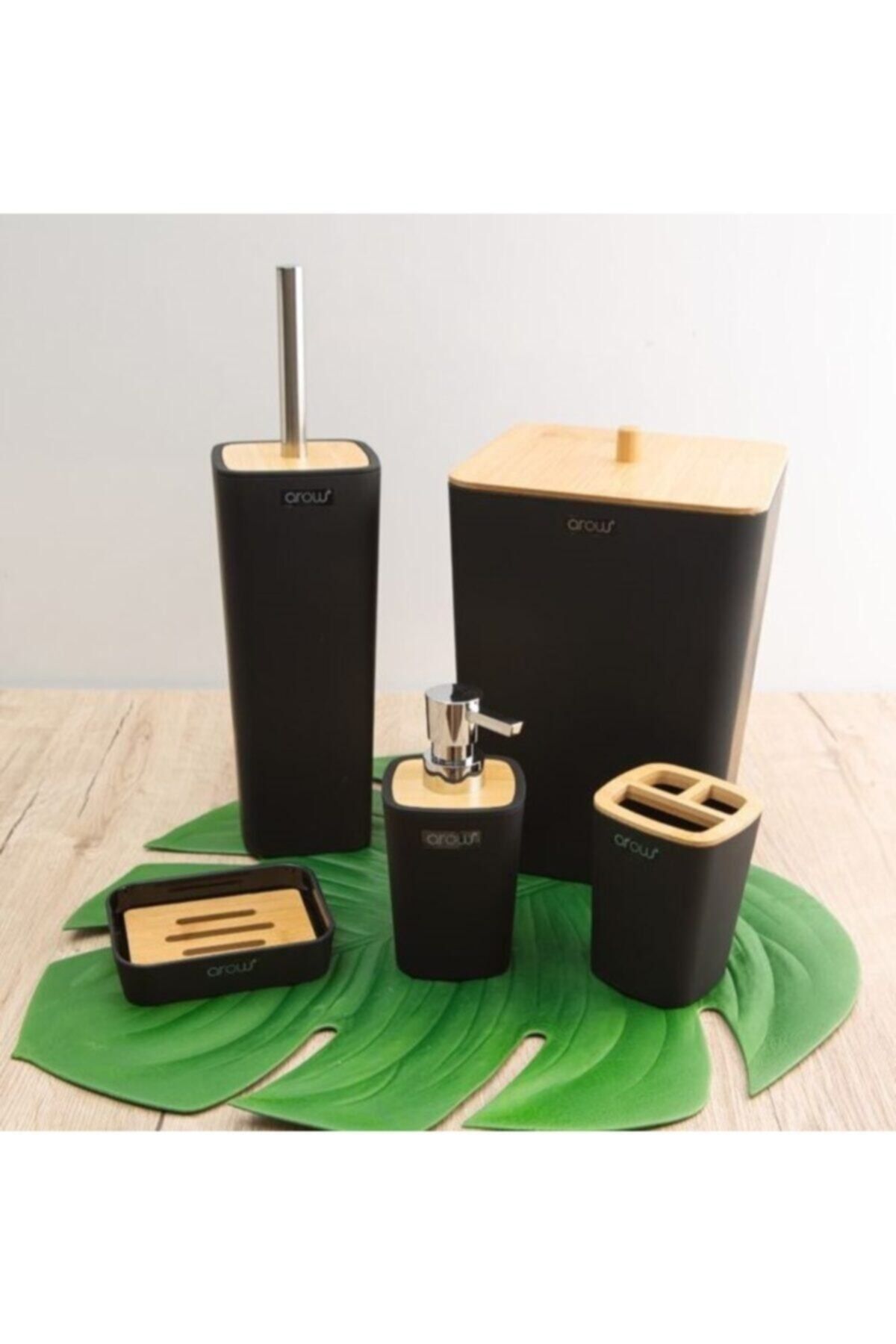Genel Markalar Mostar 5 Parça Bambu Kapaklı Akrilik Siyah Banyo Seti