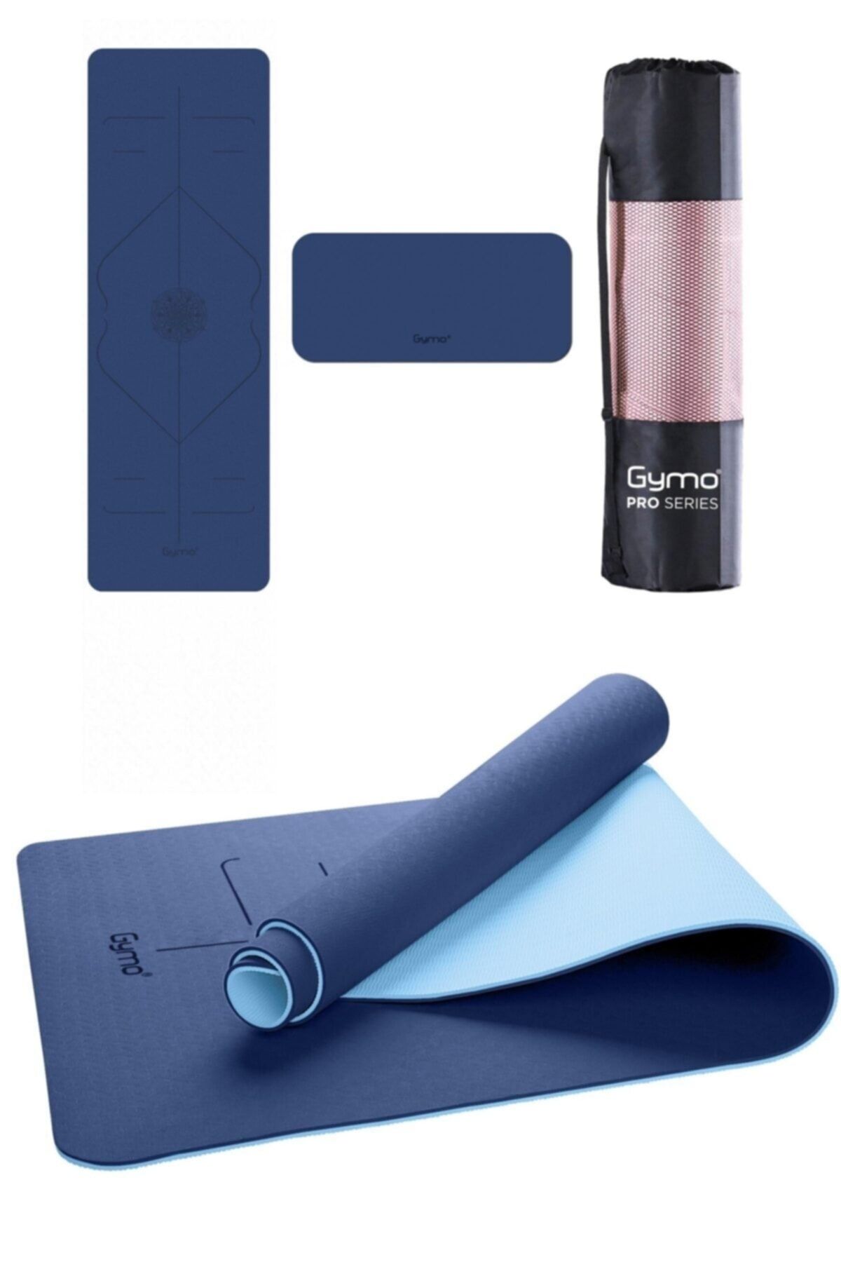 Gymo Hizalamalı 6 mm Tpe Yoga Matı Pilates Minderi ve Diz Dirsek Koruyucu Mat Mavi Taşıma Çantalı