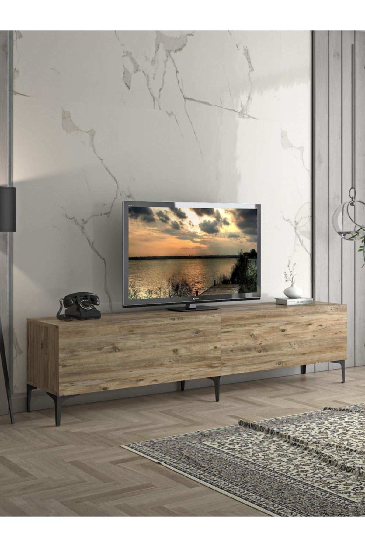 Wood'n Love Vega Premium 200 Cm Geniş Dolaplı Metal Ayaklı Tv Ünitesi - Atlantik Çam / Siyah
