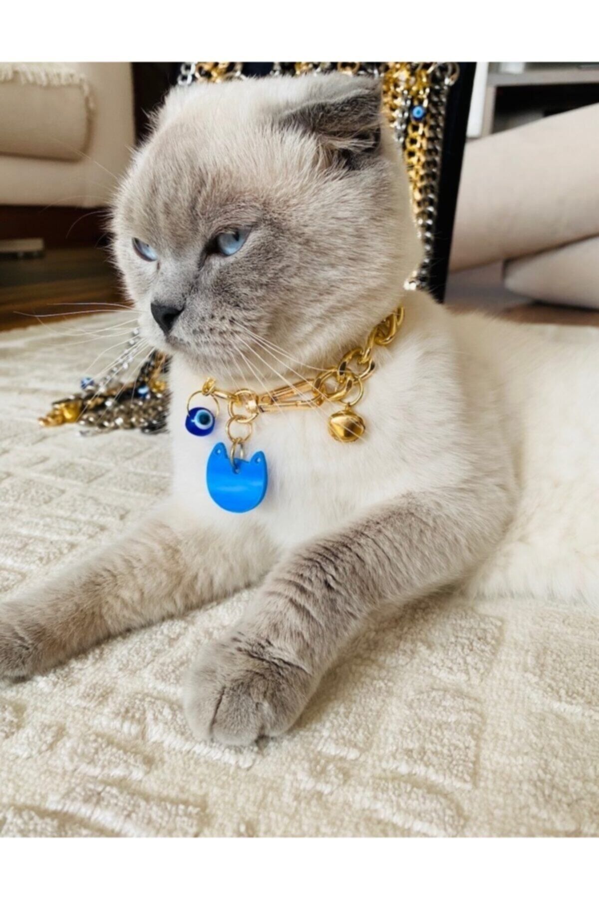 Genel Markalar 20cm Kedi Kolyesi 1. Sınıf Paslanmaz Alüminyum Gold Zincir - Mavi Künye