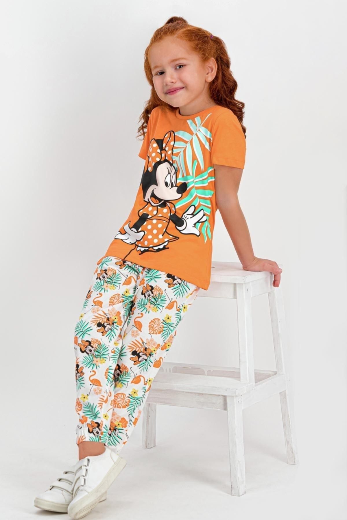U.S. Polo Assn. Kız Çocuk Turuncu Minnie Mouse Lisanslı Kısa Kollu Pijama Takımı