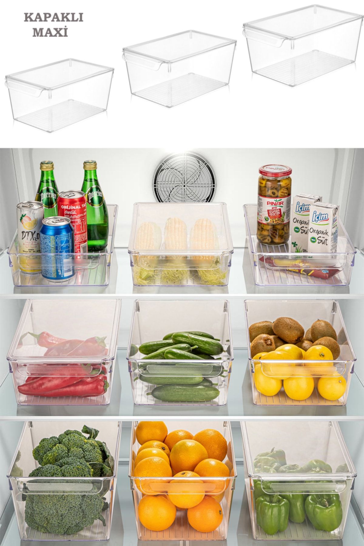 C8HOME 3 Adet Büyük Boy Kapaklı Buzdolabı Organizer Şeffaf Kapaklı Organizer Istiflenebilir Maxi
