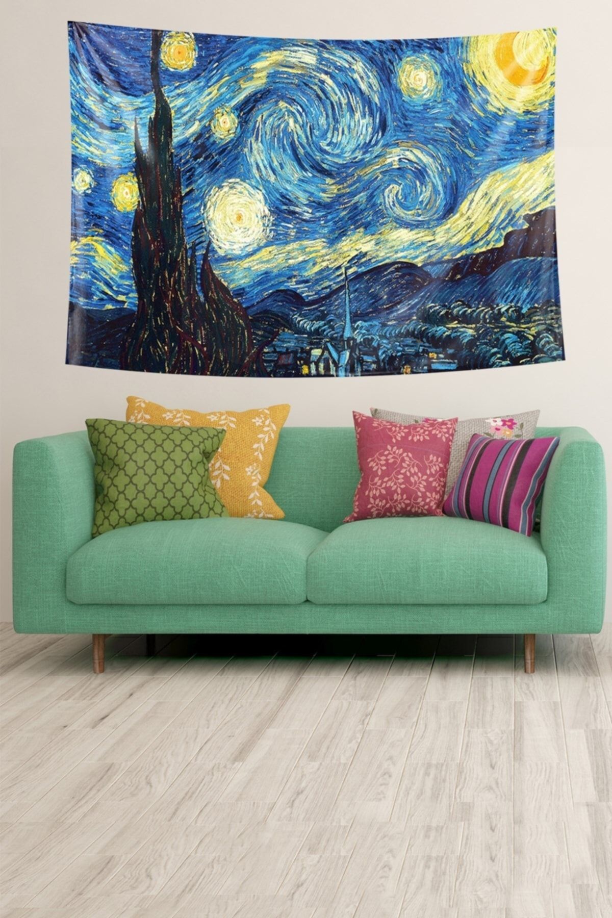 on the clouds Yıldızlı Geceler Van Gogh Desenli Leke Tutmaz Kadife Dokulu Kumaş Duvar Örtüsü Duvar Halısı Tapestry