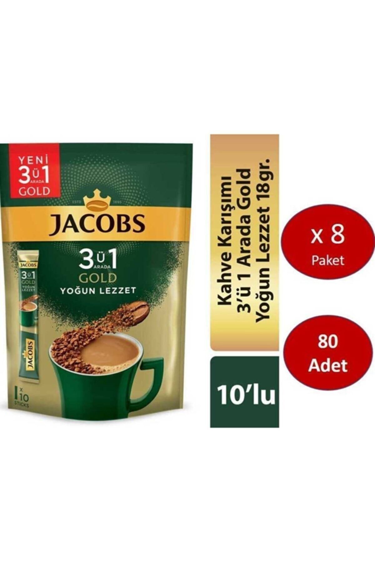 Jacobs 3ü1 Arada Gold Kahve Karışımı Yoğun Lezzet 80 Adet (10 X 8 Paket)