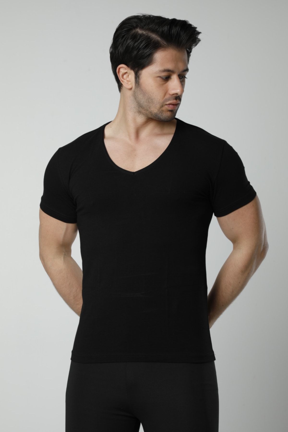 Hmd 3 Lü Paket  Erkek Derin V Yaka Kısa Kollu Lycralı Siyah T-shirt (712-713)