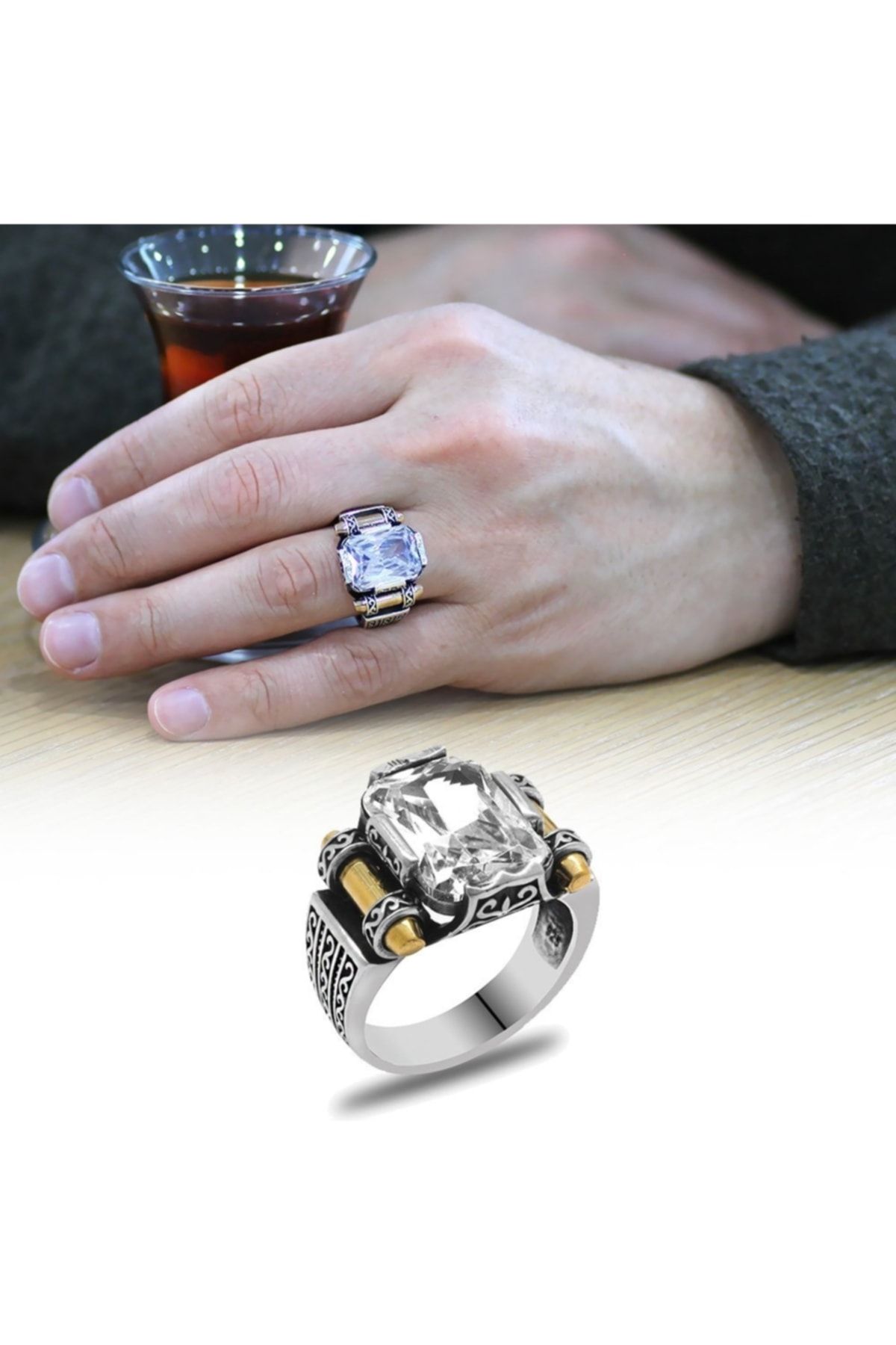 Tesbihane Beyaz Baget Taşlı Avangarde Tasarım 925 Ayar Gümüş "şah Cihan" Yüzüğü