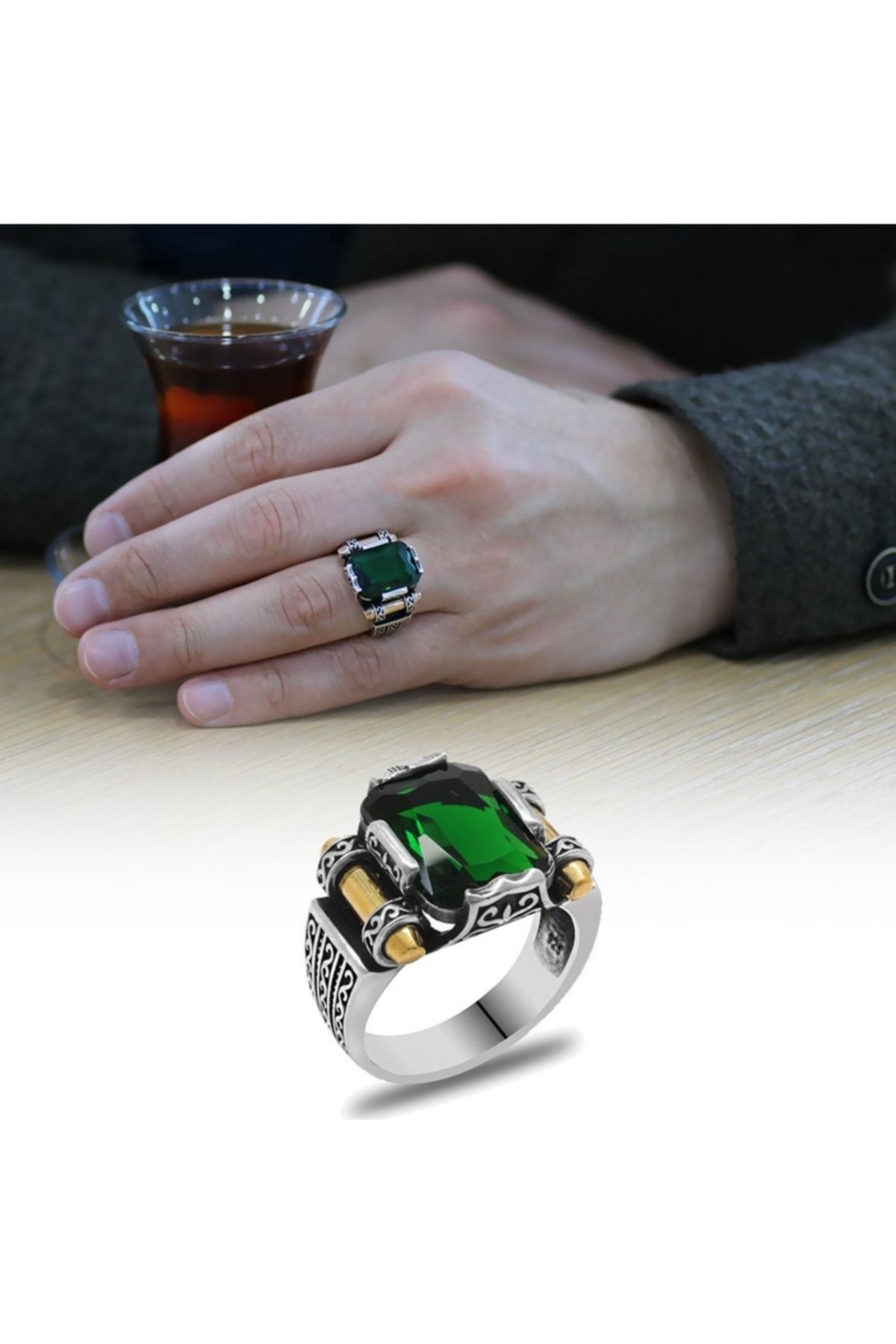Tesbihane Yeşil Baget Taşlı Avangarde Tasarım 925 Ayar Gümüş "şah Cihan" Yüzüğü