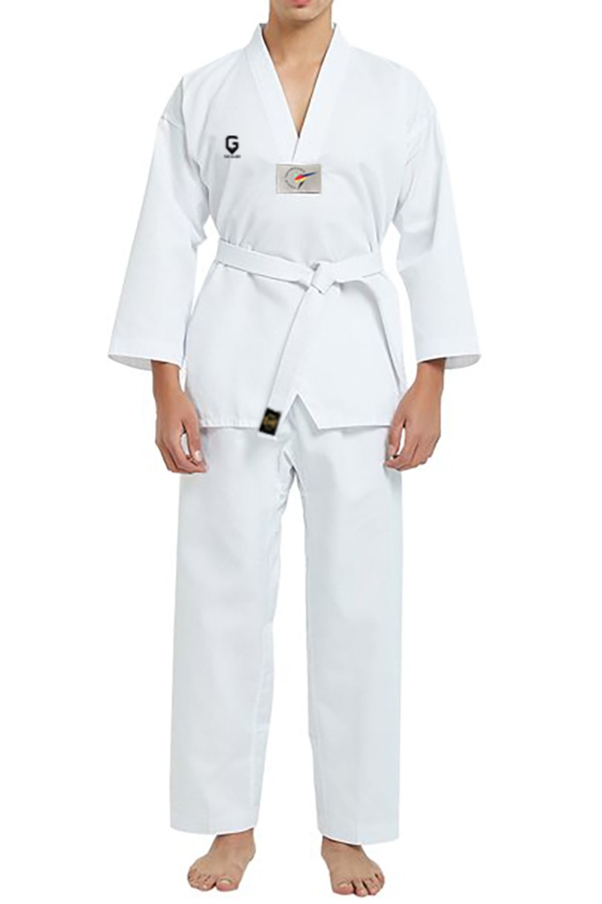 TOP GLORY Fitilli Beyaz Yaka Baskılı A10 Unisex Taekwondo Elbisesi Dobok