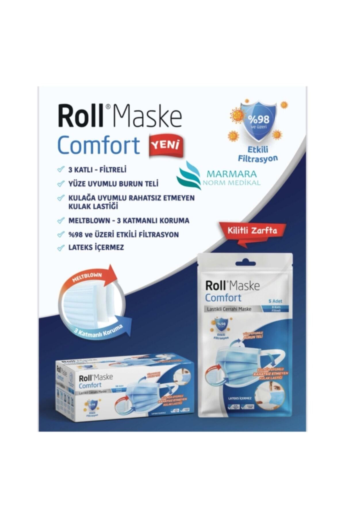 Roll Mavi Comfort Elastik Kulaklı Cerrahi Maske 50 Adet -