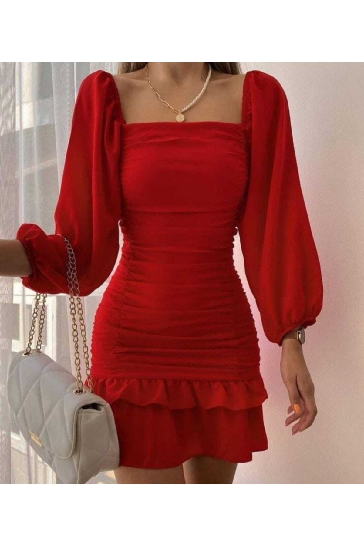 Secret Passion Lingerie Eteği Katlı Uzun Kollu Esnek Krep Kumaş Kırmızı Abiye Elbise Gece Elbisesi Mini Elbise 581878 639
