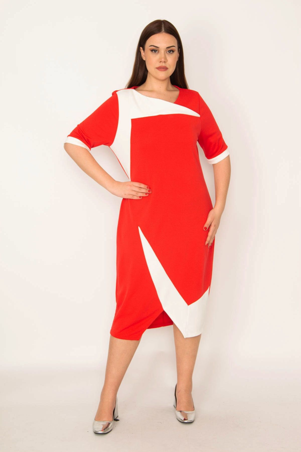 Şans Kadın Büyük Beden Kırmızı Renk Kombinli Elbise 65n32007