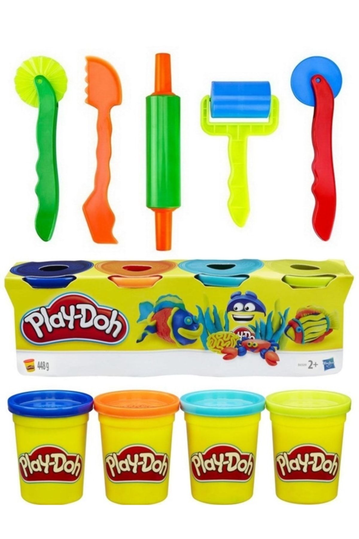 Mahi Max 4 Renk Play-doh Oyun Hamuru - Mavi Turuncu Turkuaz Sarı & 5'li Merdane Bıçak Silindir Seti