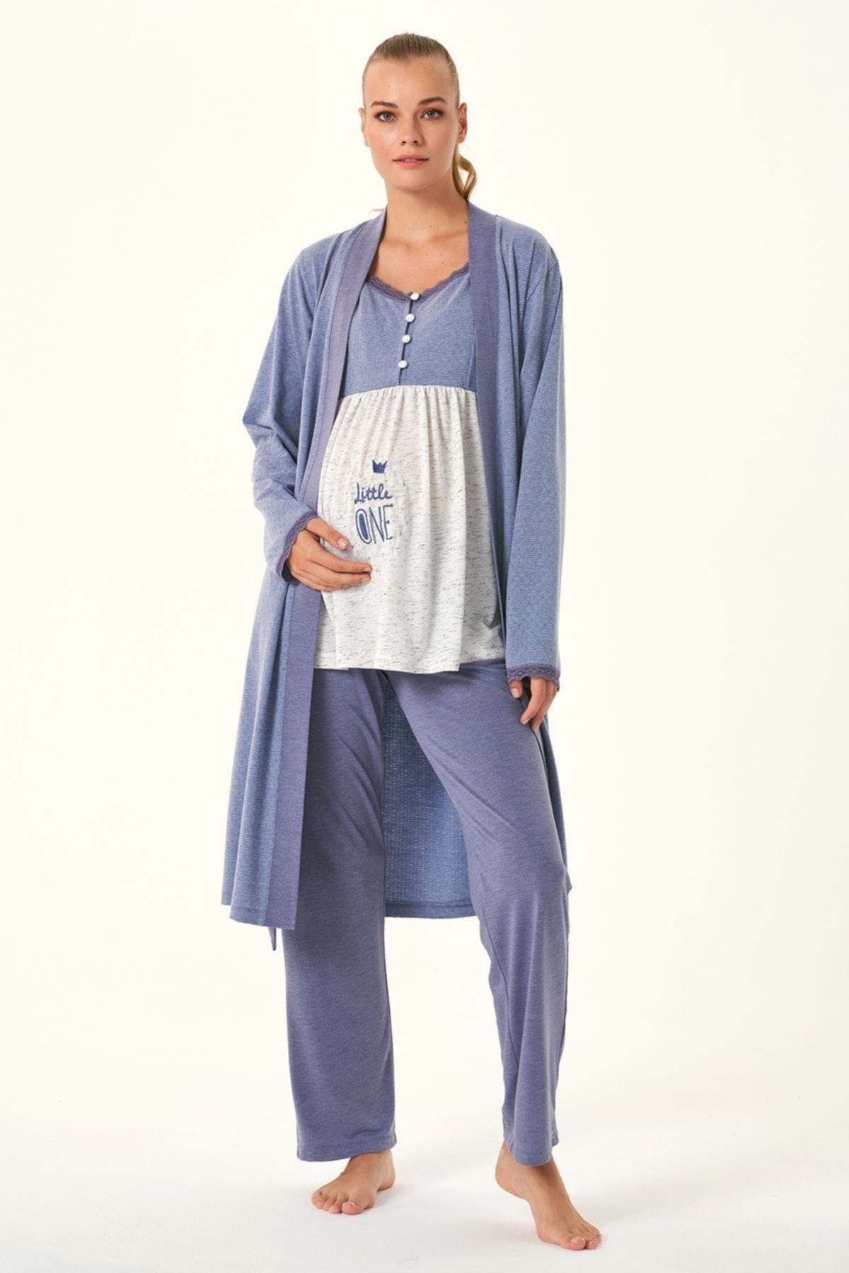 Feyza Pijama Feyza 4479 Kadın Mavi Jakarlı Sabahlıklı Lohusa Pijama Takımı