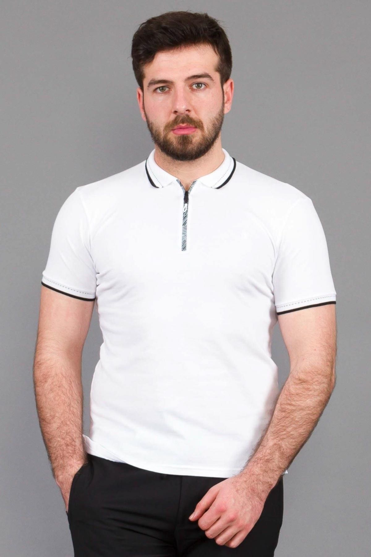 Mcr Fermuarlı Beyaz Renk Slim Fit Erkek Polo Yaka T-shirt