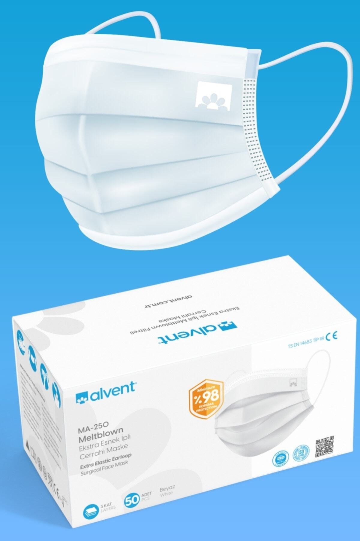 ALVENT Beyaz Elastik Kulaklı Meltblown Maske 50 Adet (TIP 2R) - En Az %98 Koruma - Ma-250